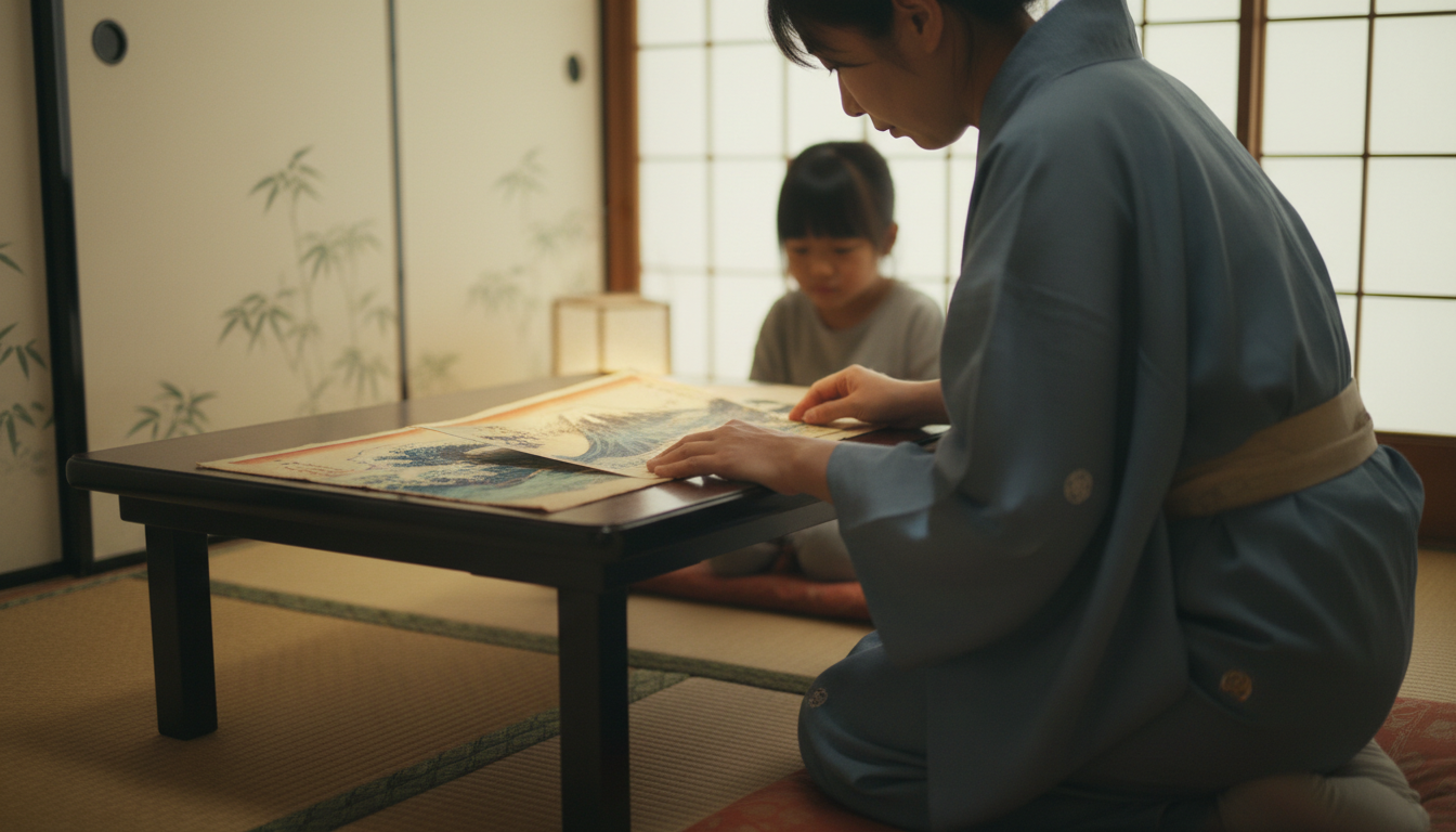 Человек рассматривает старинный японский свиток или гравюру Укиё-э