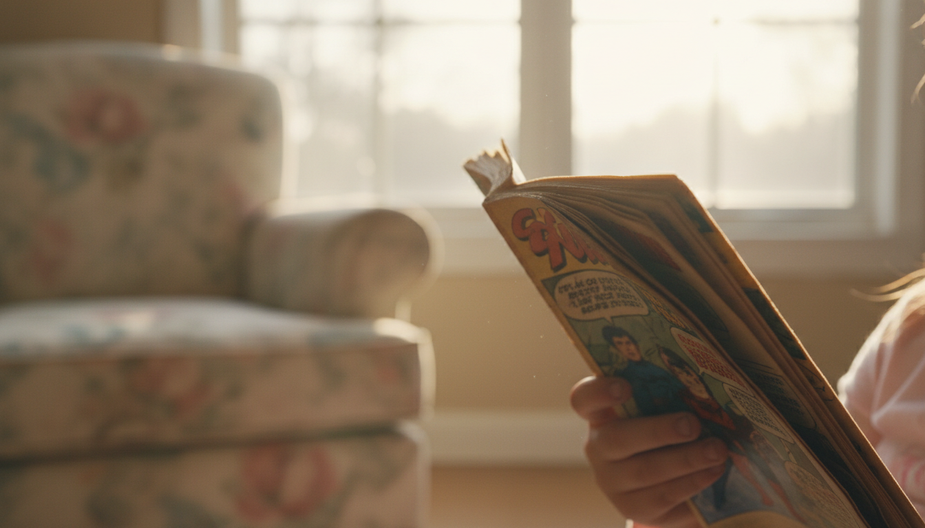 Рука девочки держит старый комикс в уютной обстановке.