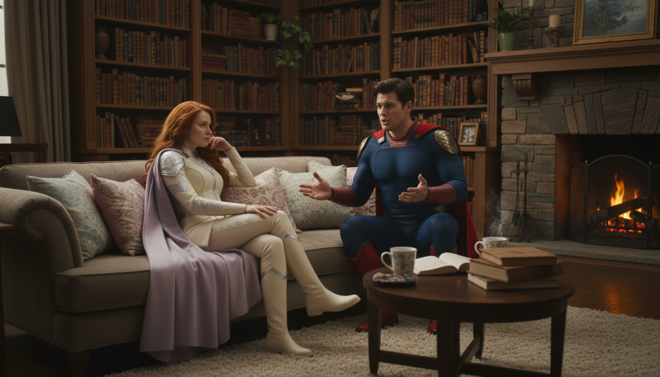 Два супергероя оживленно беседуют на диване в уютной библиотеке.