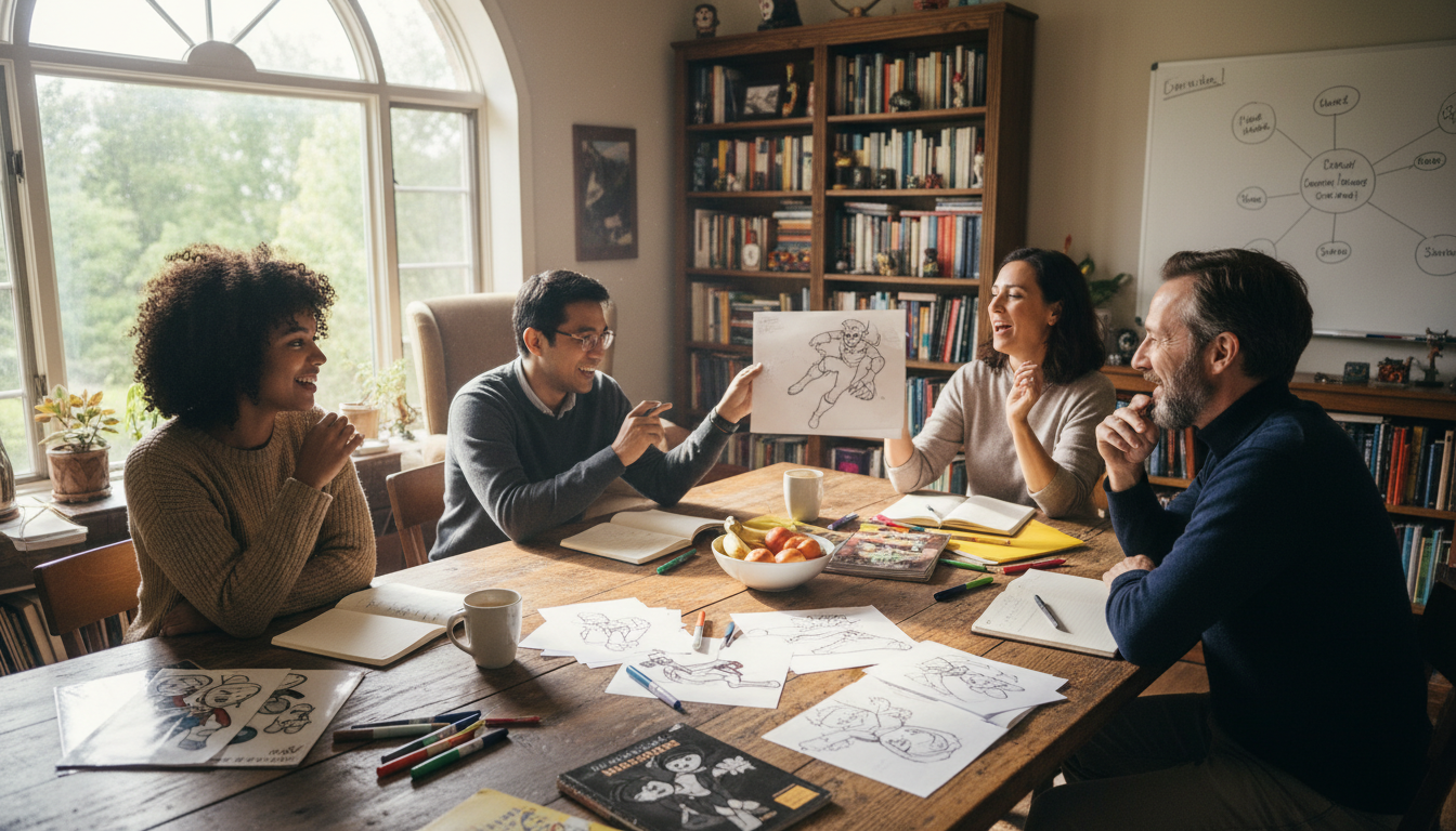 Diverse group of modern Marvel writers brainstorming ideas