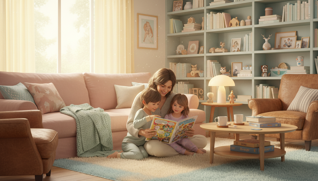 Семья читает комиксы в уютной гостиной
