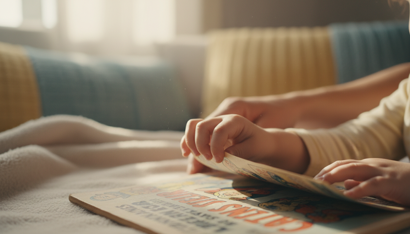 Детские руки бережно перелистывают страницы старого комикса.