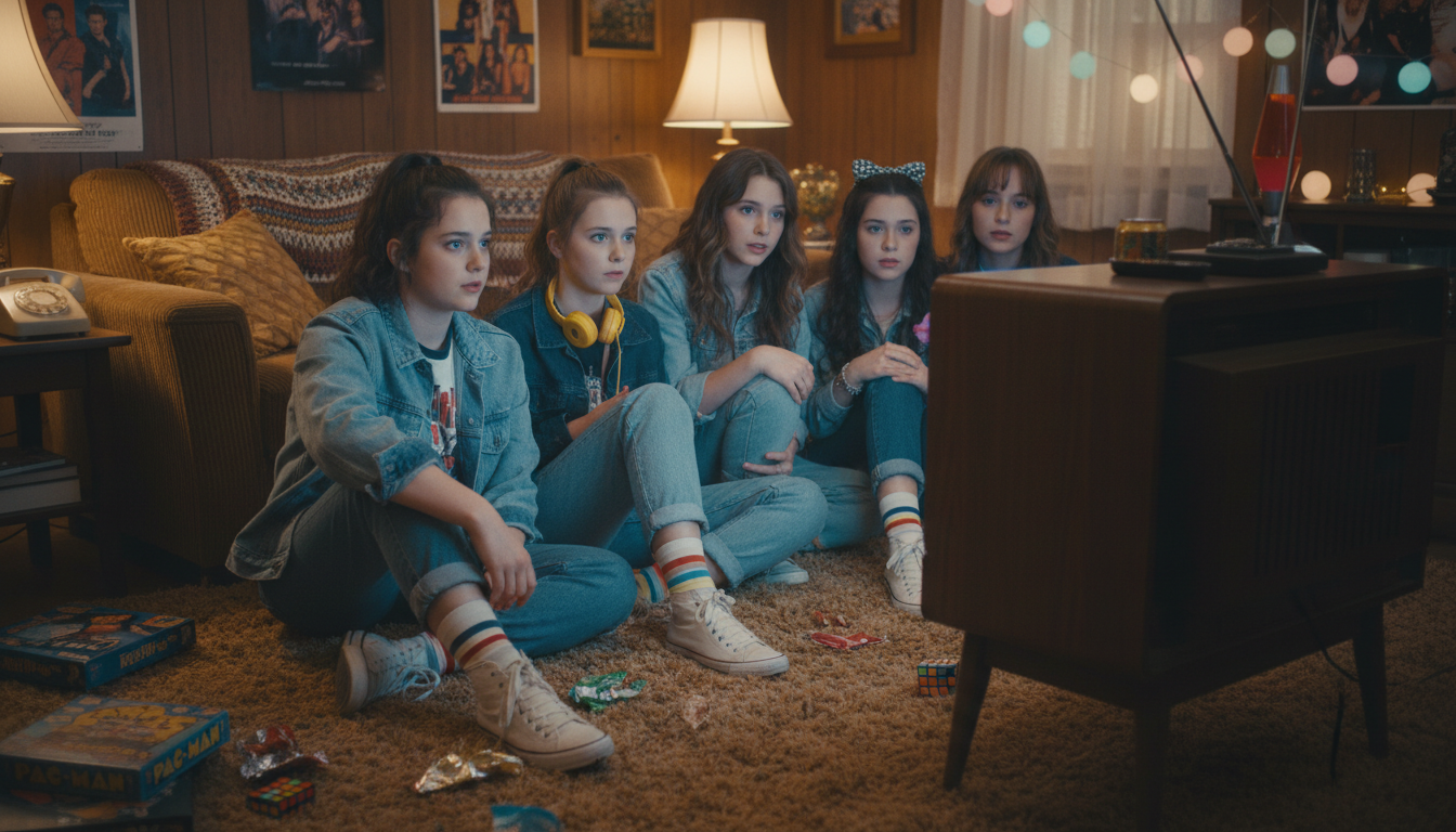 Четыре девочки смотрят старый телевизор в уютной комнате 80-х.