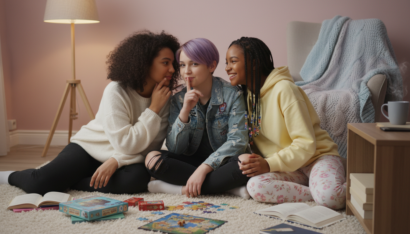 Три девочки-подростка шепчутся, сидя на ковре в уютной комнате.