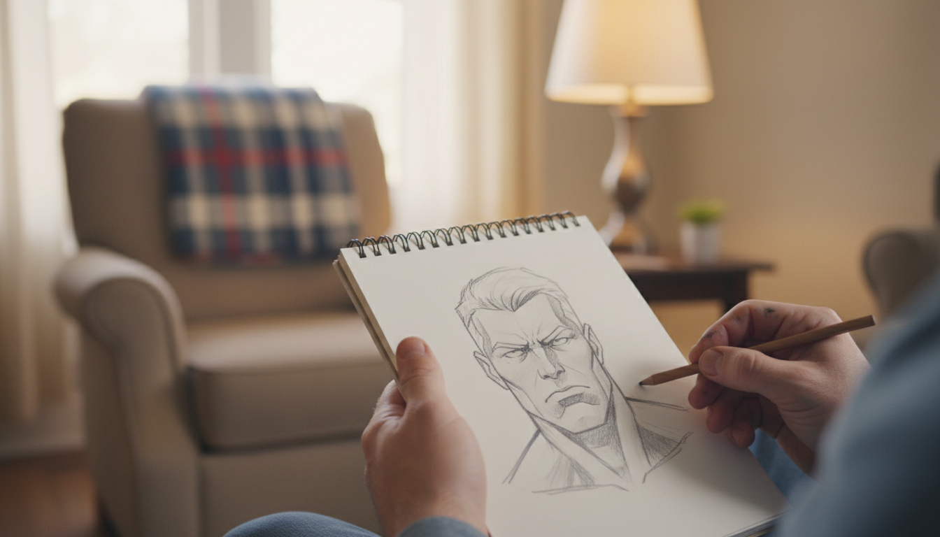 Hands sketching character art in a cozy living room