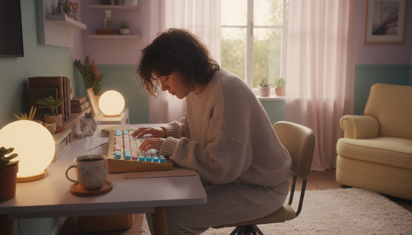 Person typing intensely on a futuristic keyboard in a cozy, pastel home office