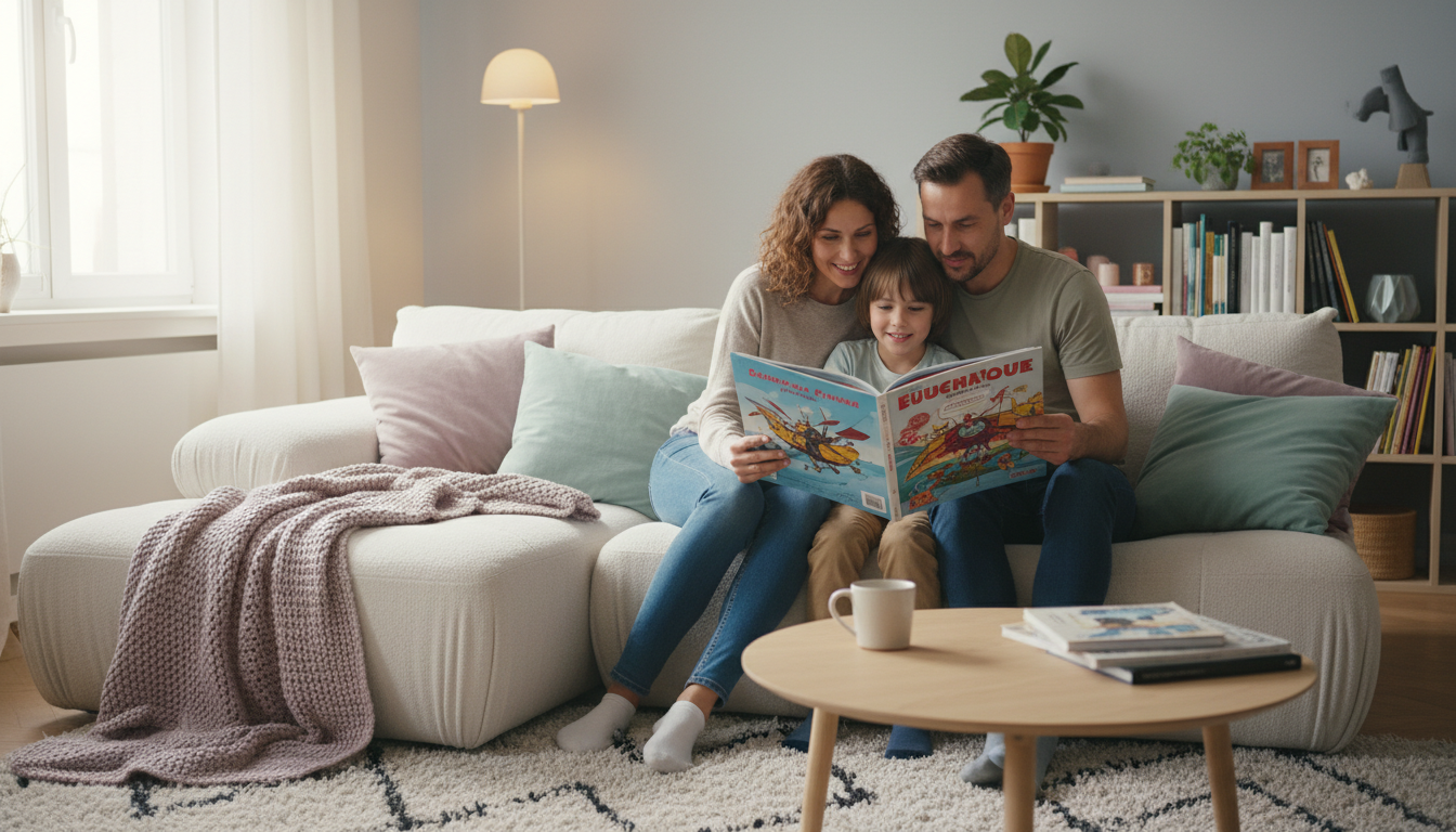 Семья читает европейский комикс