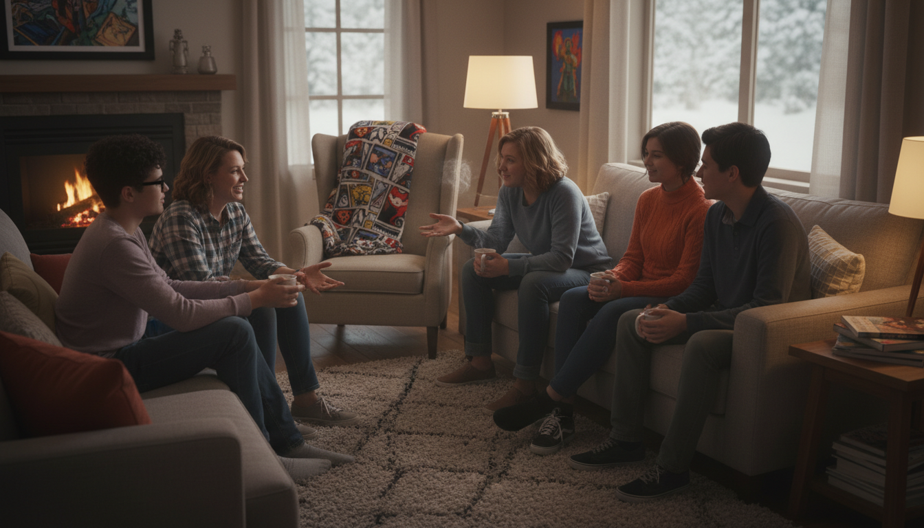 Group of friends discussing Marvel in a cozy living room
