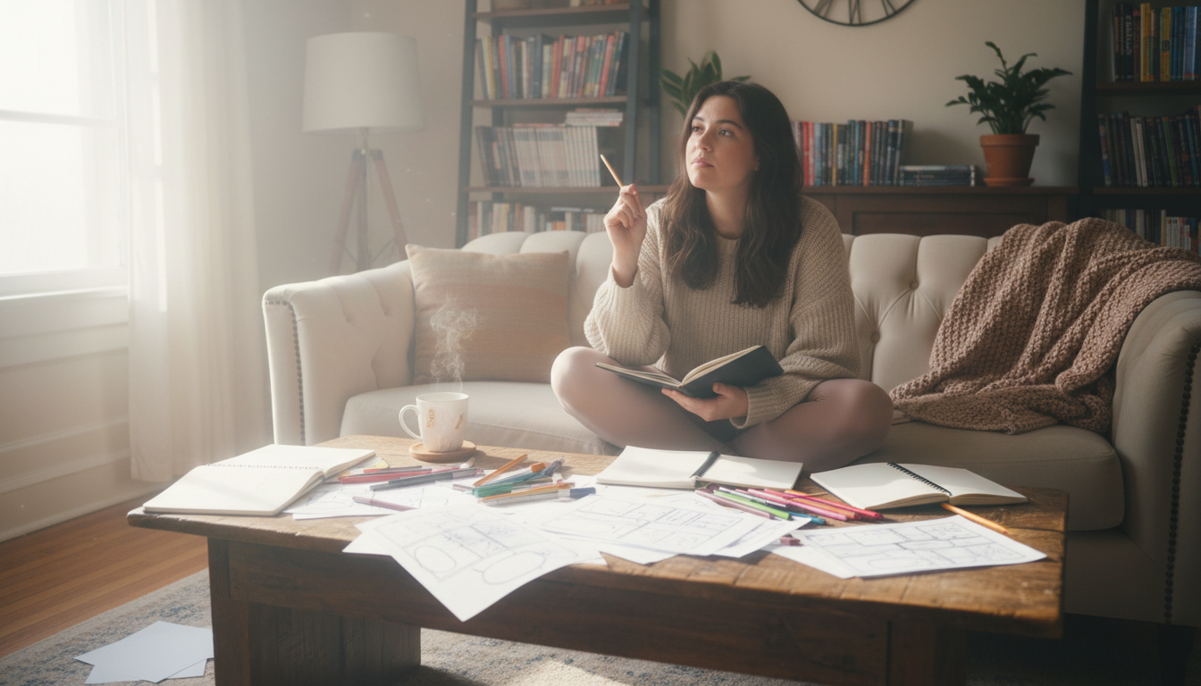 Человек, пишущий диалоги для комикса в уютной обстановке