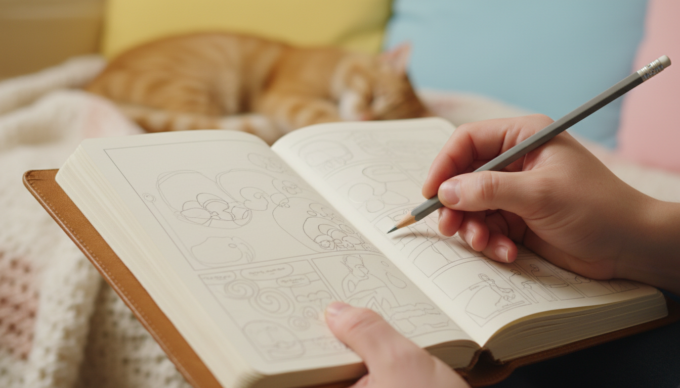 Руки, делающие наброски мира для комикса в блокноте