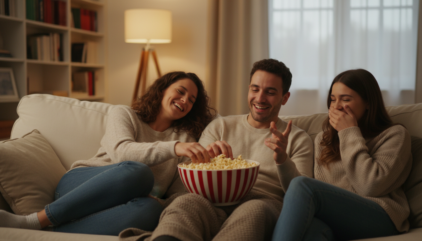 Friends sharing popcorn and laughter on a sofa