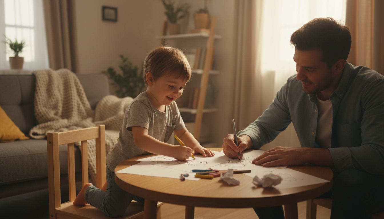 Parent and child drawing superheroes together at a table