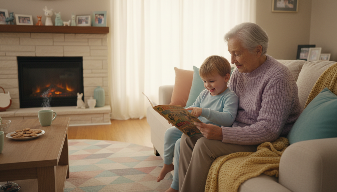 Grandparent and grandchild sharing an old comic book on a sofa