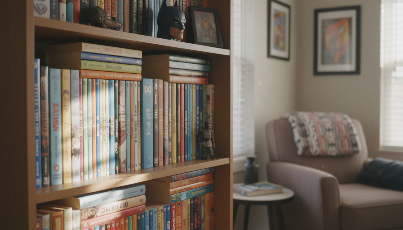 Cozy bookshelf with comic books and graphic novels