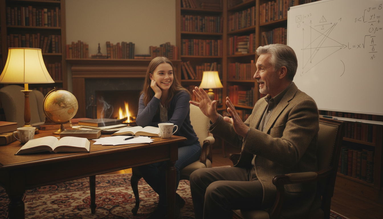 Mentor explaining complex ideas to a young enthusiast