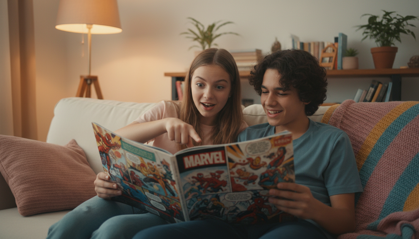 Подростки вместе читают эпический комикс Marvel