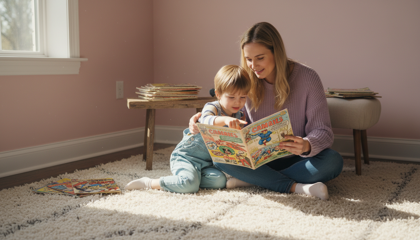 Ребенок и родитель читают старые комиксы Marvel, символ истории MCU