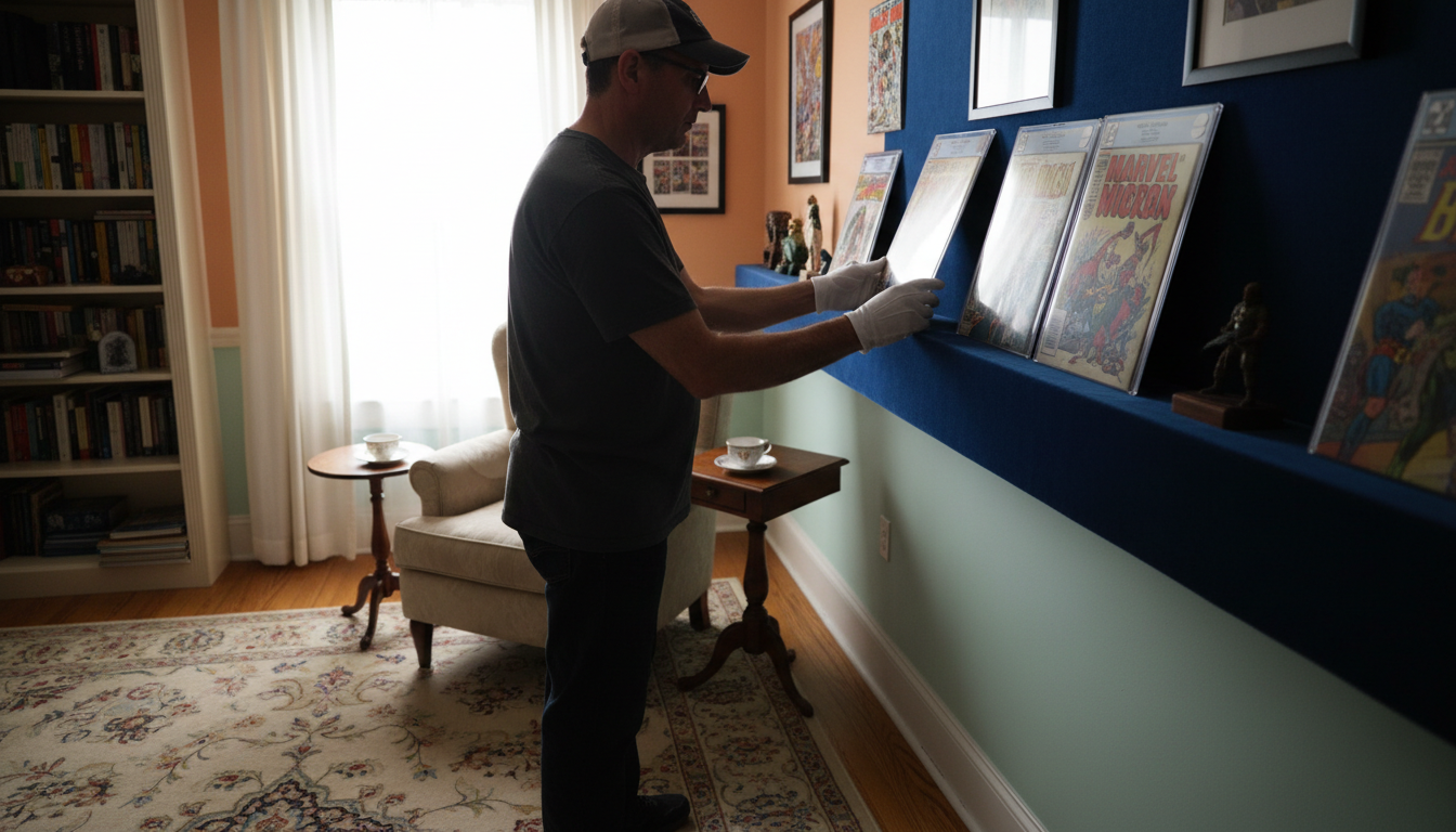 Коллекционер размещает дорогой комикс в защитном футляре на полке.