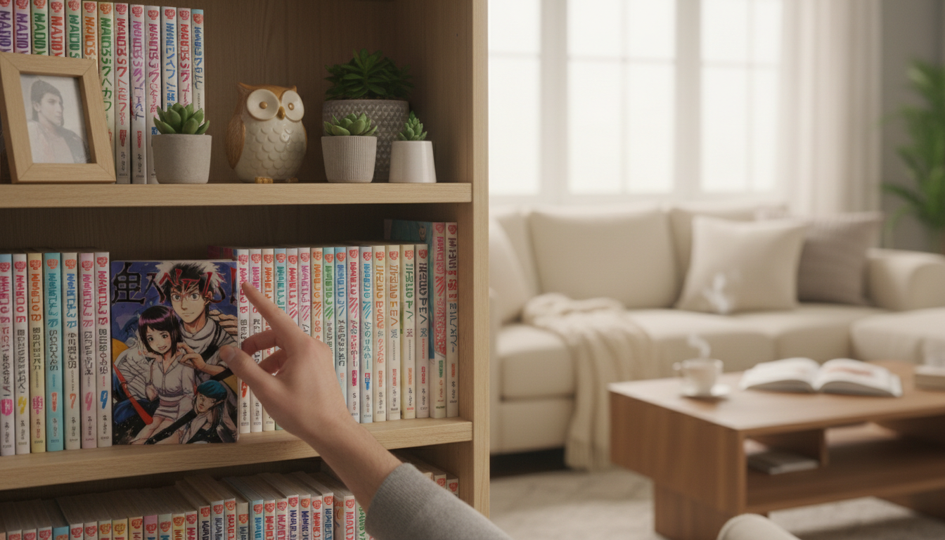 Разнообразные жанры манги на полке в уютном доме