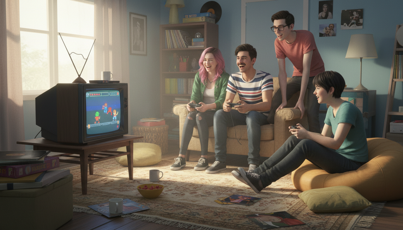 Друзья играют в видеоигры в уютной гостиной.