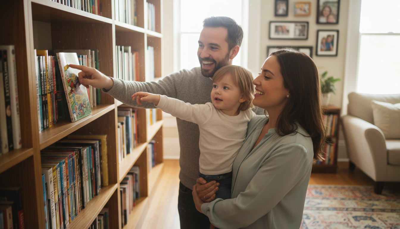 Семья выбирает комиксы с полки в домашней библиотеке