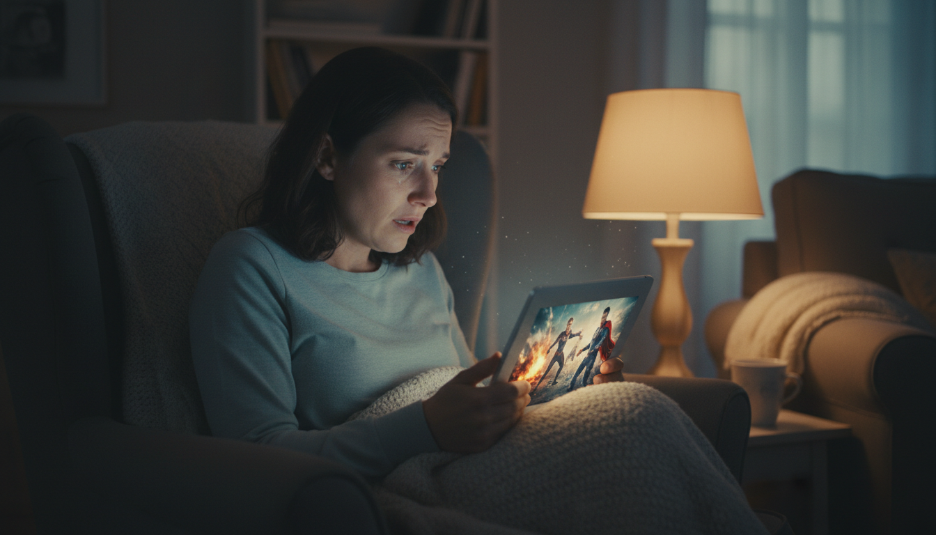 Зритель глубоко погружен в просмотр драматического кинофильма DC.