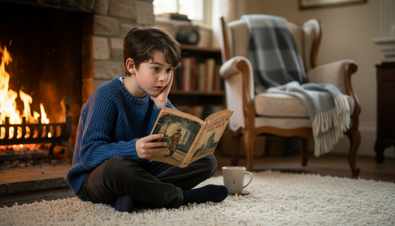 Young Bruce Wayne reading a detective novel by a fireplace