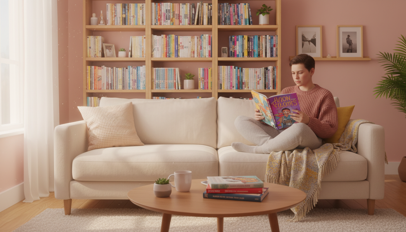 Человек читает графический роман в уютной гостиной.