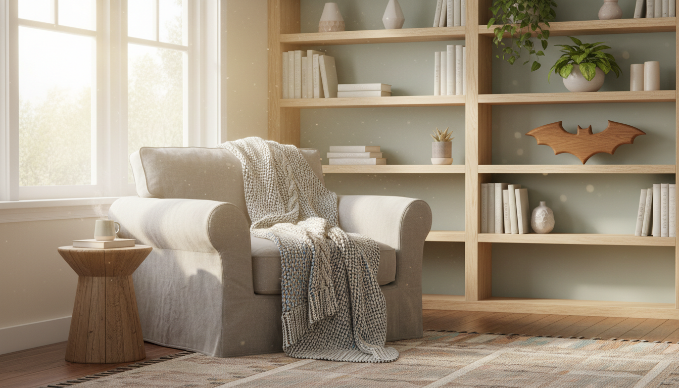 Symbol of Batman in a cozy, warm domestic setting