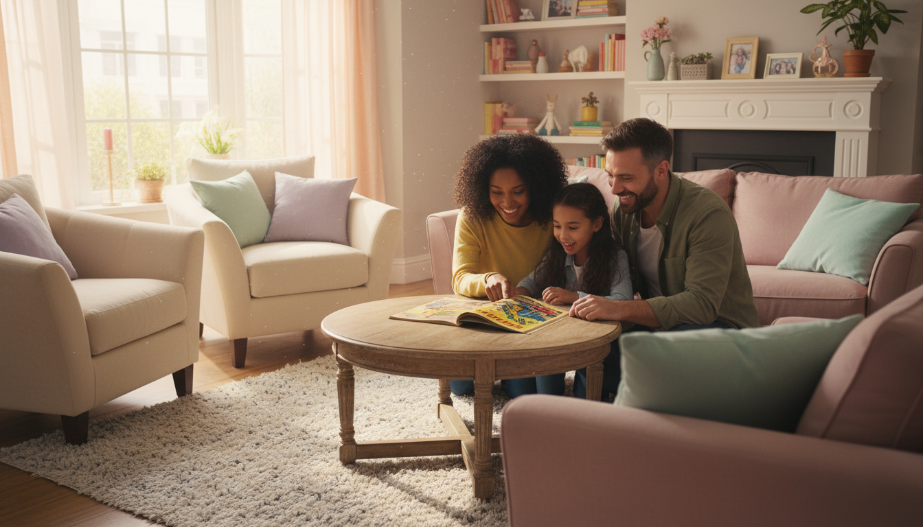 Семья рассматривает коллекционный комикс в уютной домашней обстановке.