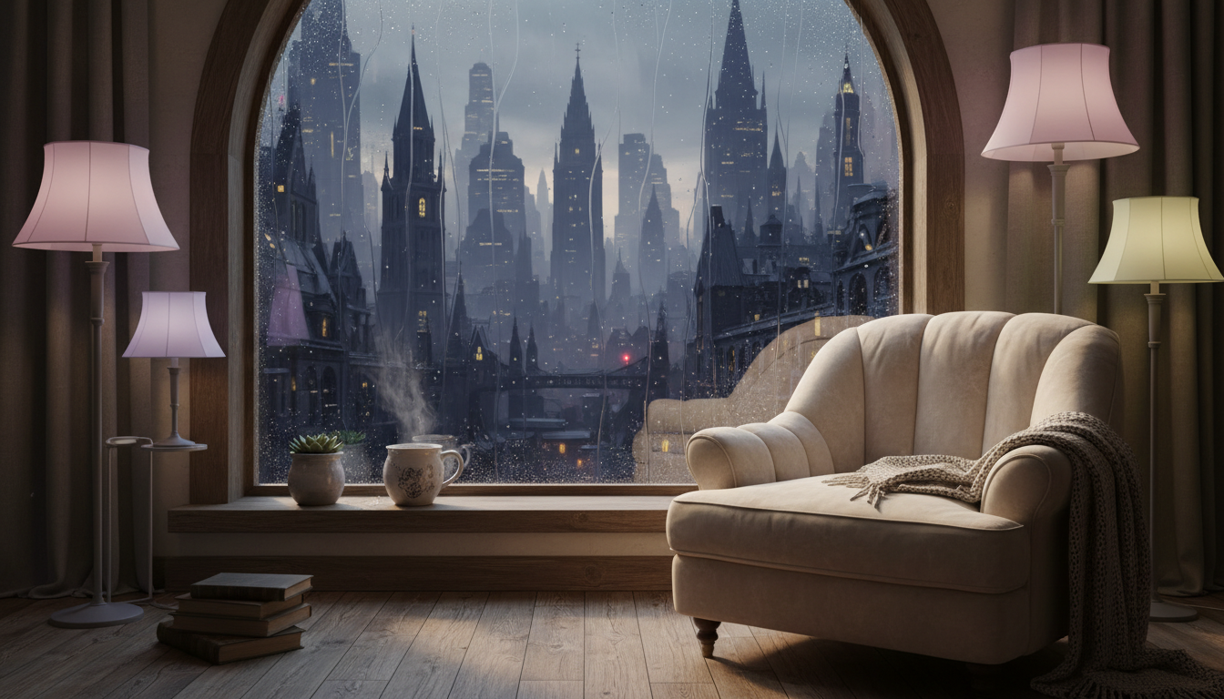 Warm indoor scene looking out at a rainy, stylized Gotham cityscape