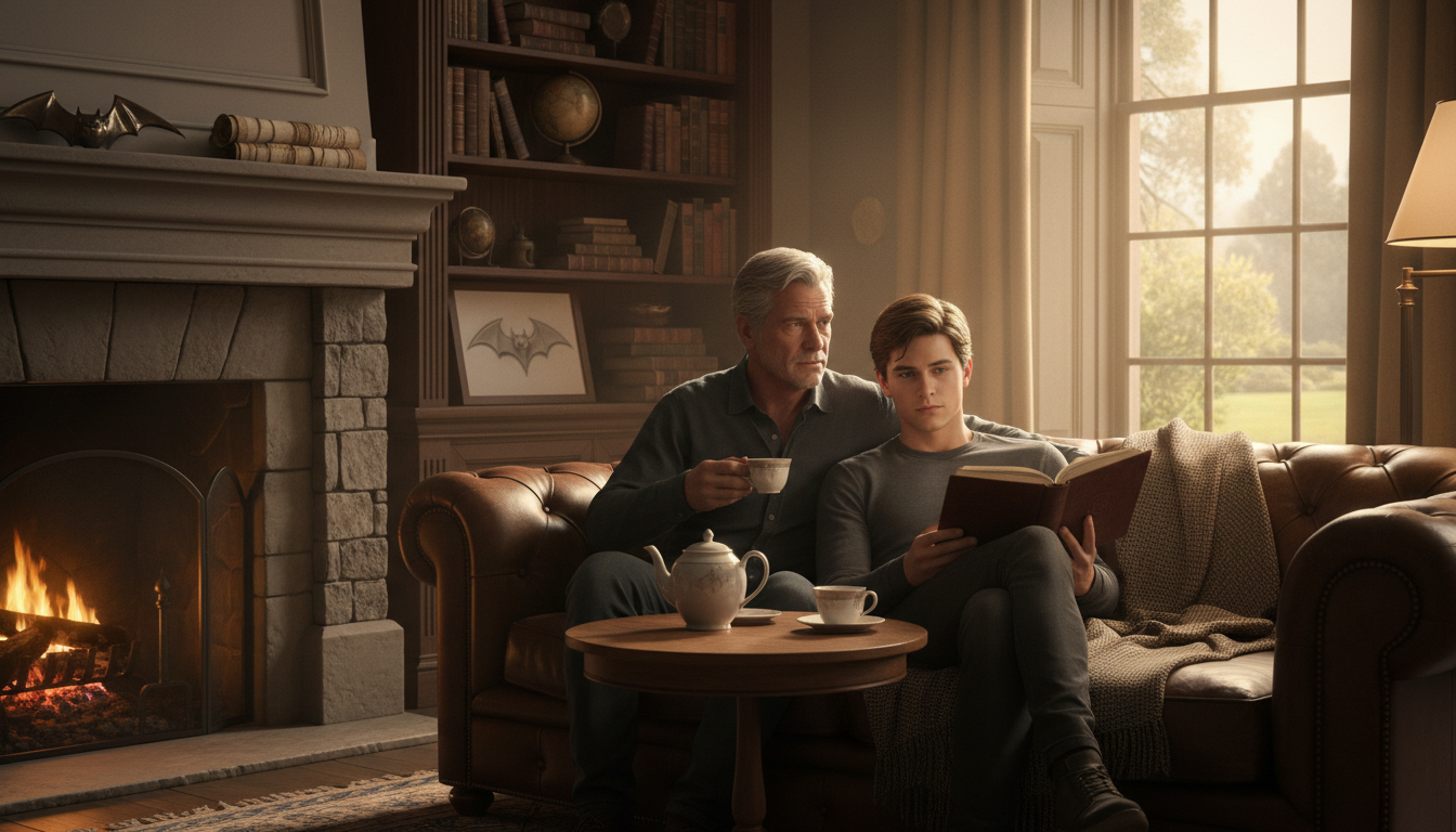 Bruce Wayne and a ward sharing a quiet moment in a study with a subtle batarang