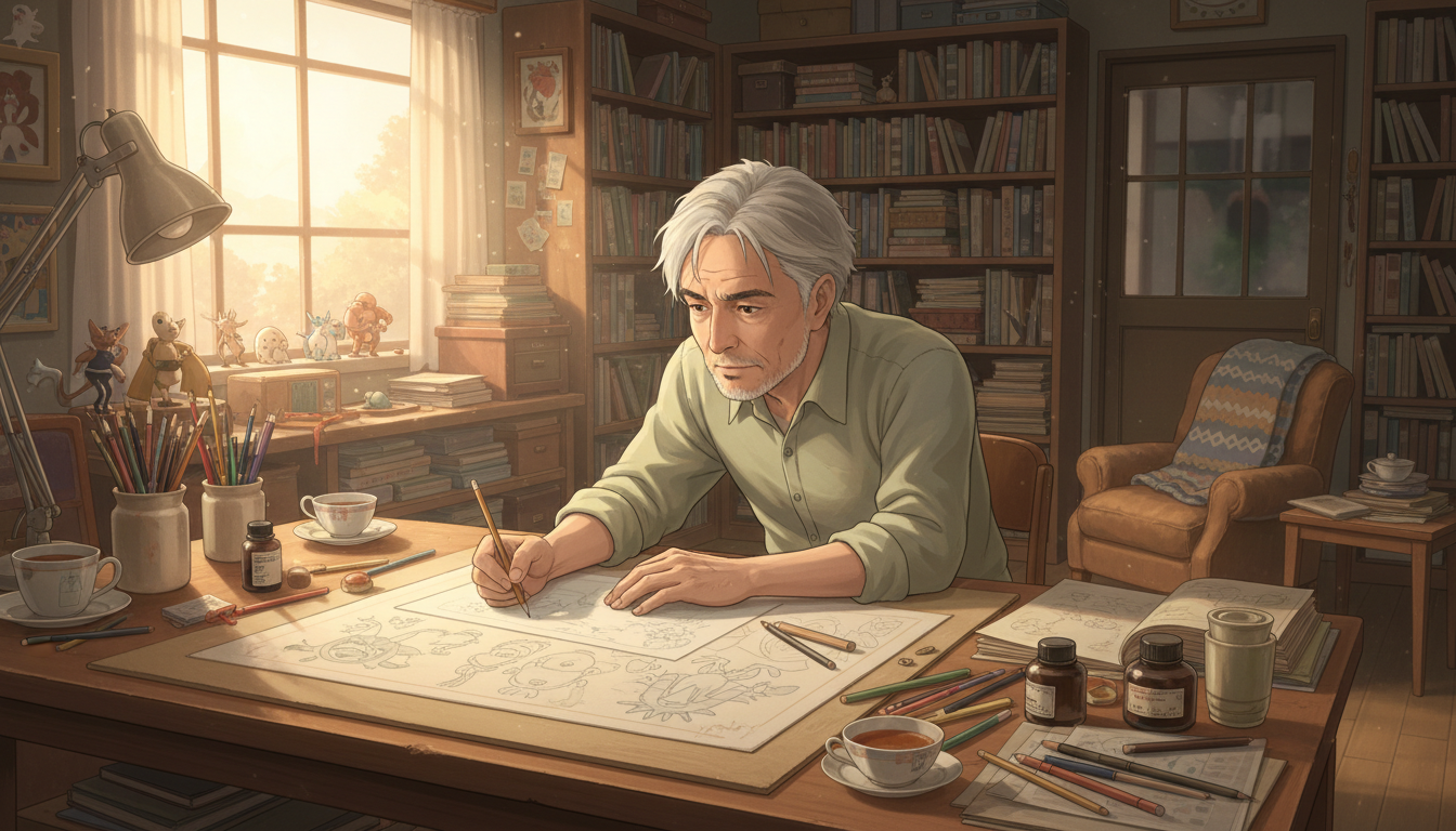 Animator sketching in a cozy studio